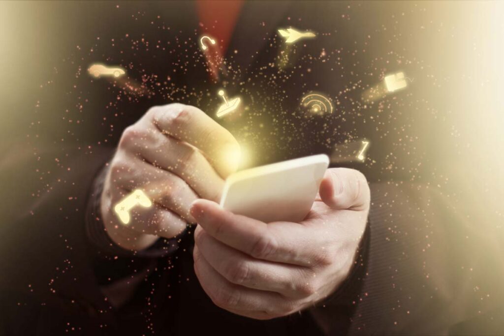 Close up of a man holding a smartphone with game icons overlay, representing the Avia class action.