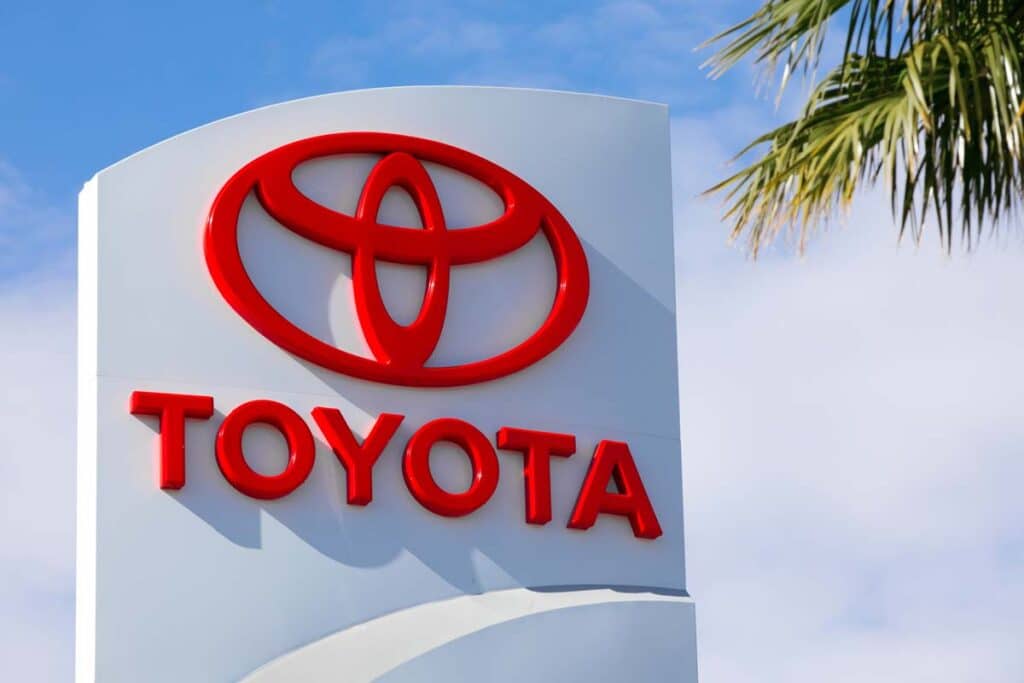 Close up of Toyota signage, representing Toyota factory worker wages.