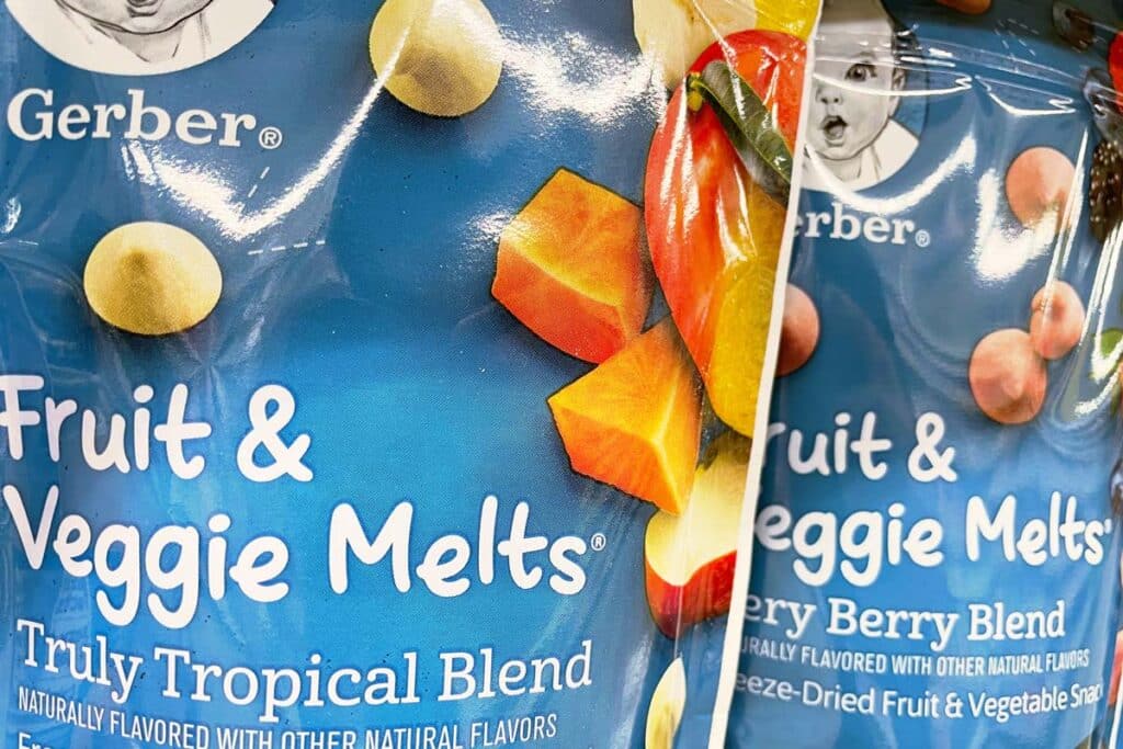 Close up of Gerber Melts products on a grocery store shelf, representing the Gerber class action.