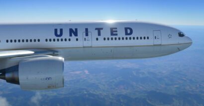 A United Airlines aircraft in flight, representing the United Airlines class action.