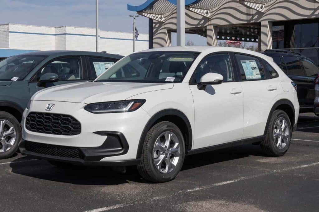 A white Honda HR-V in a car lot, representing the Honda HR-V class action.