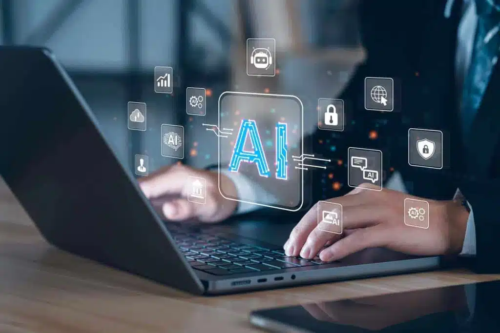Close up of a businessman typing on a laptop with an AI concept overlay, representing the Biden AI standards.