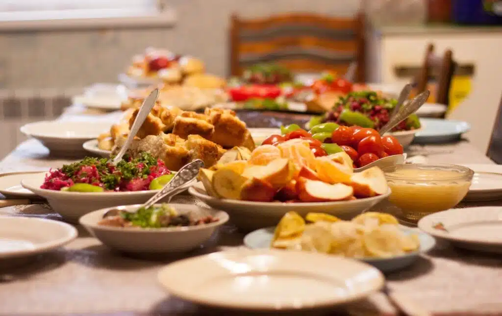 Holiday meal laid out on table