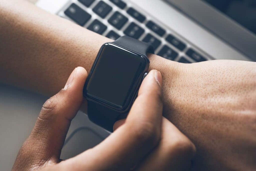 Close up of an Apple Watch on a wrist, representing the Apple Watch ban.