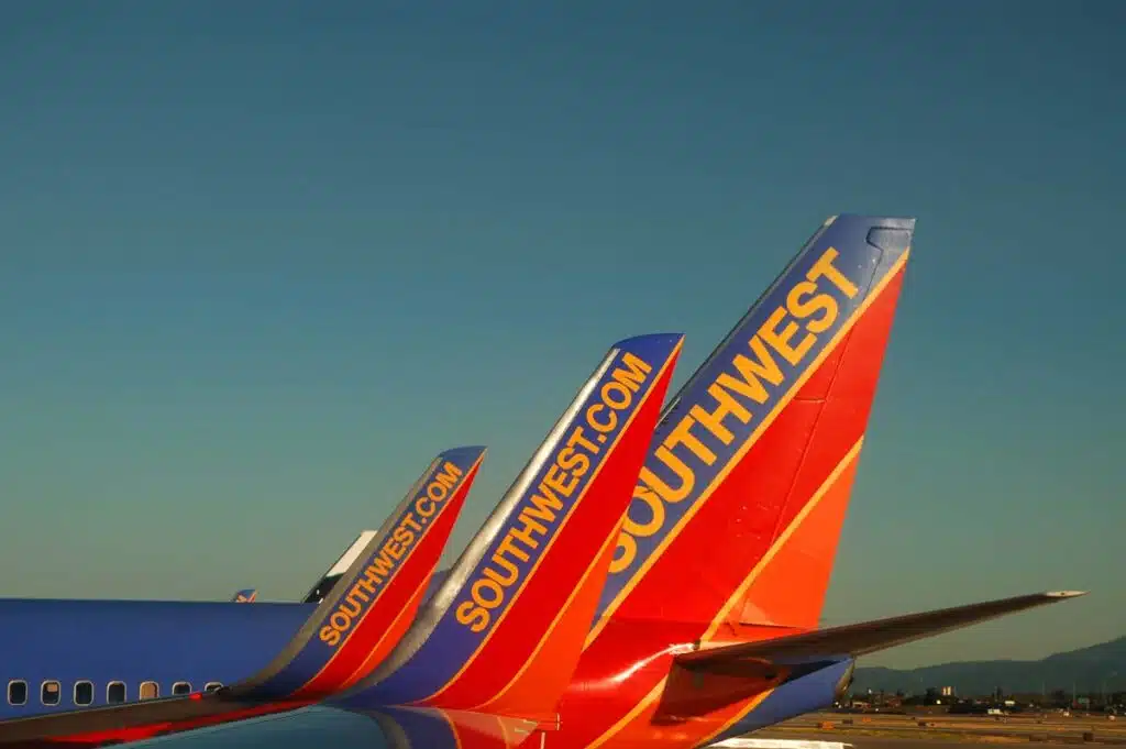 Tails of Southwest Airlines planes, representing Southwest flight cancellations.