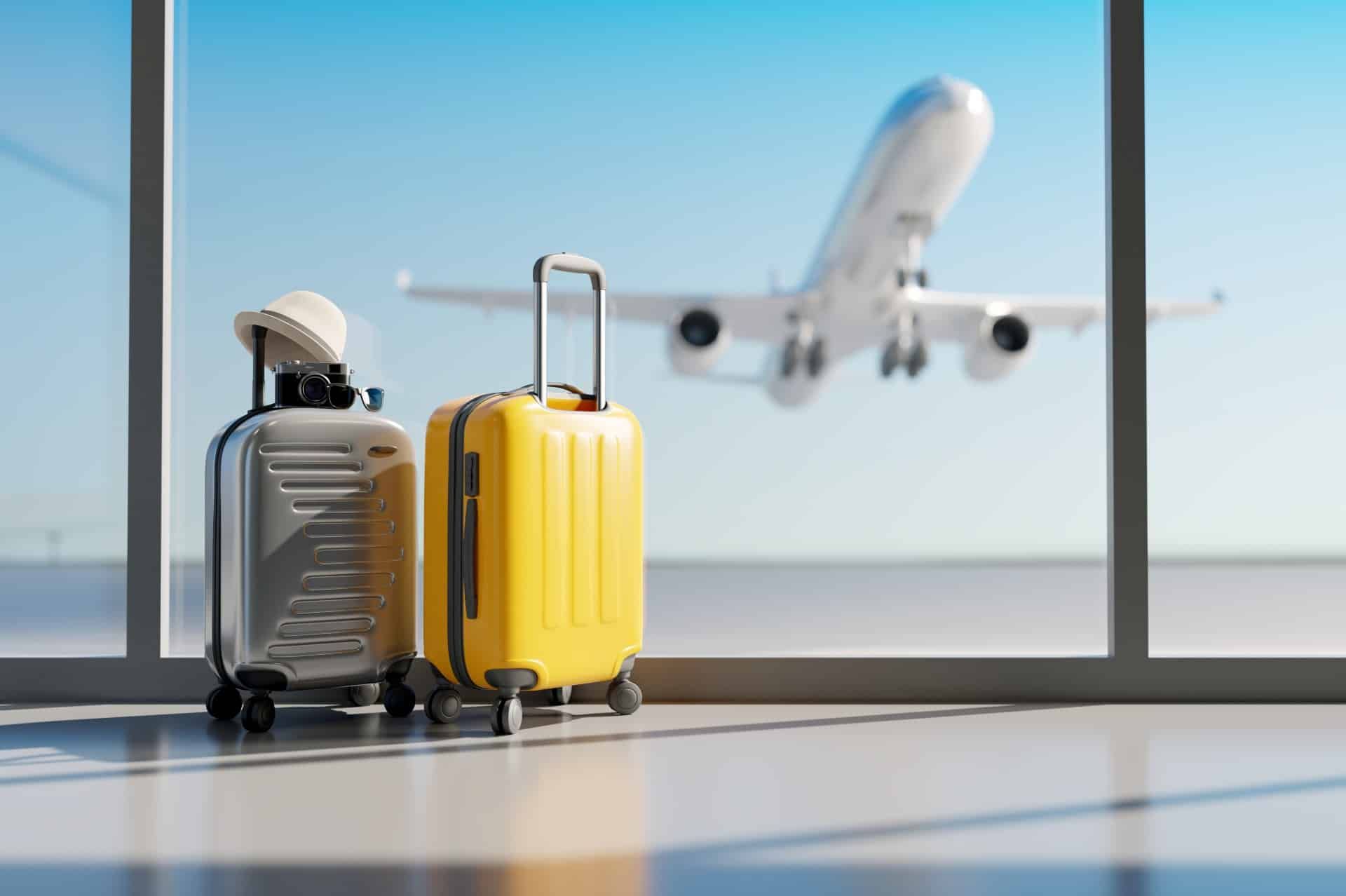 A yellow suitcase and a silver suitcase with a hat and camera on top sit in an airport, with an airplane taking off in the background outside the window, representing the Spirit Airlines settlement.