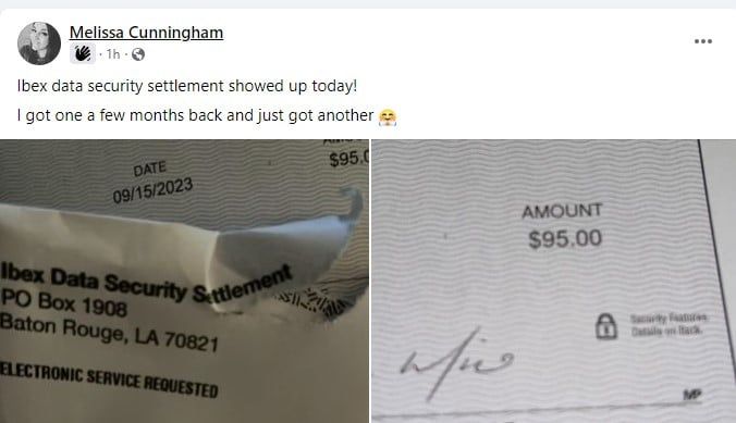 Screenshot from Facebook: Ibex class action settlement payouts 