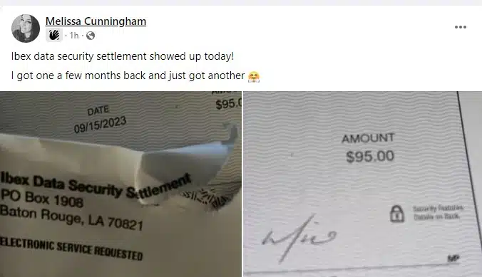 Screenshot from Facebook: Ibex class action settlement payouts