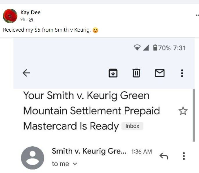 Screenshot: Keurig class action settlement payouts 