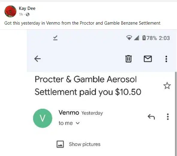 Screenshot: Procter & Gamble class action settlement payouts