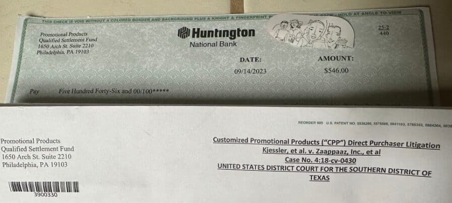 Promotional products check FB 9-28-23 class action settlement payouts