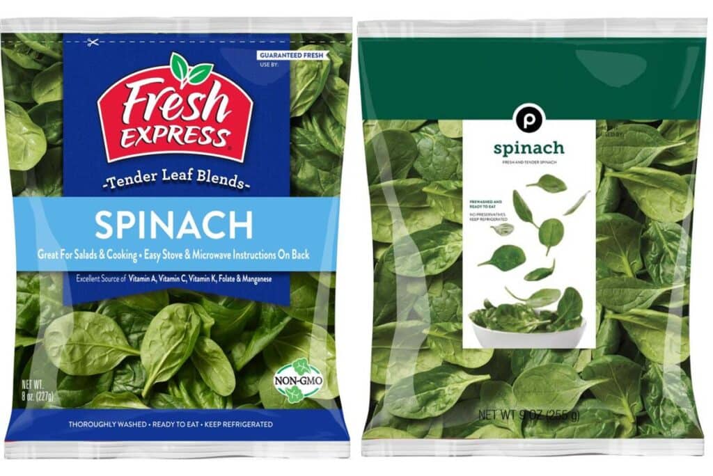 Product photos of recalled spinach by Fresh Express and Publix, representing the Fresh Express spinach recall.