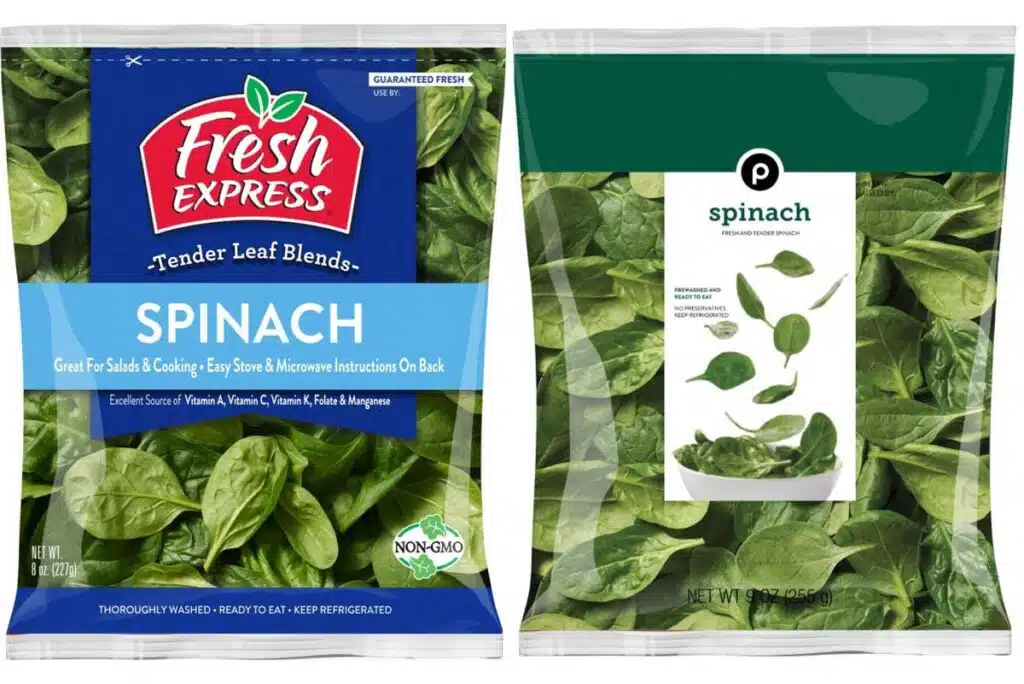 Product photos of recalled spinach by Fresh Express and Publix, representing the Fresh Express spinach recall.