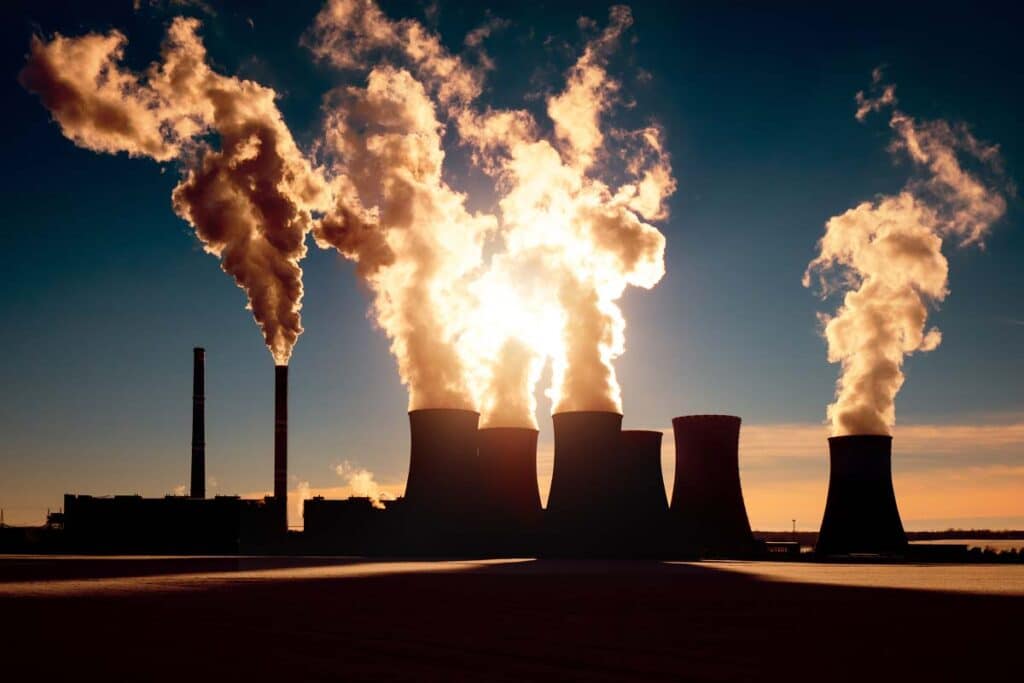 Silhouette of smog being expelled from a power plant, representing the Supreme Court EPA hearing.