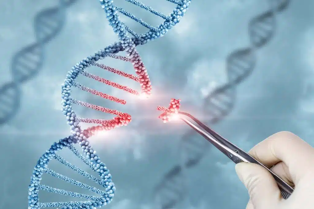 A DNA strand being edited, genome editing concept, representing the sickle cell gene-editing treatment.
