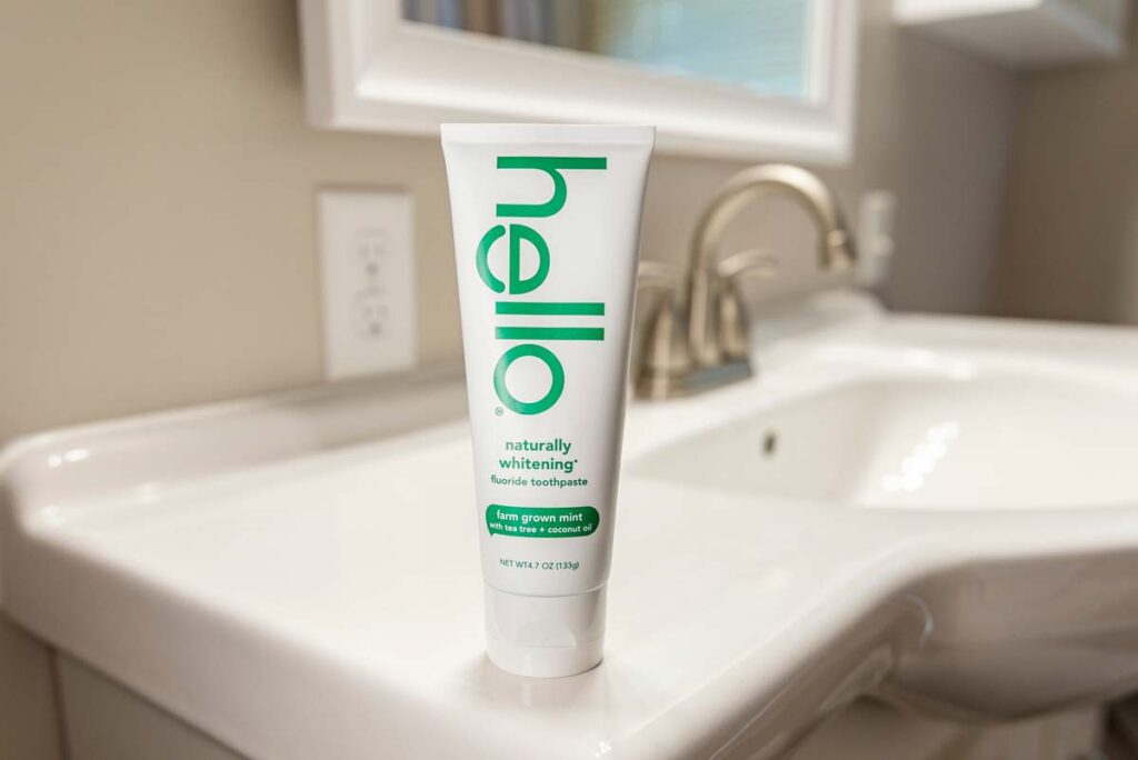 Hello toothpaste on a bathroom counter, representing the Hello toothpaste class action.