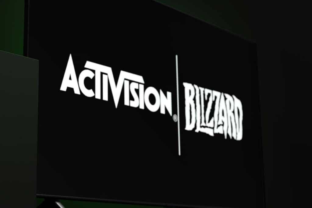 Activision Blizzard logo displayed on a TV screen, representing the Activision Blizzard discrimination settlement.