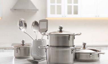 Close up of a set of stainless steel cookware, representing the Boston Foundry class action.