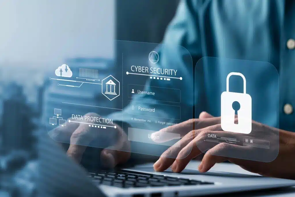 Close up of a man typing on a laptop with a data security overlay, representing the R.R. Donnelley & Sons data breach class action lawsuit settlement.