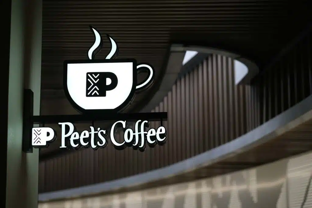 Close up of Peet's Coffee signage, representing the Peet's Coffee lawsuit.
