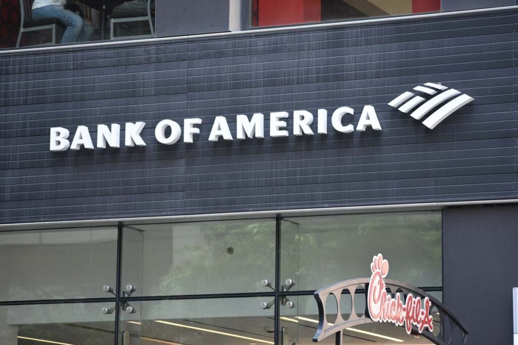 Close up of Bank of America signage, representing the CFPB Bank of America fine.