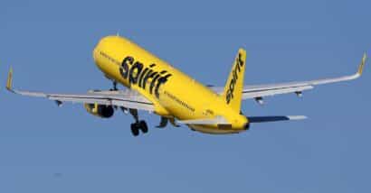 A Spirit Airlines plane in air, representing the Spirit lawsuit.
