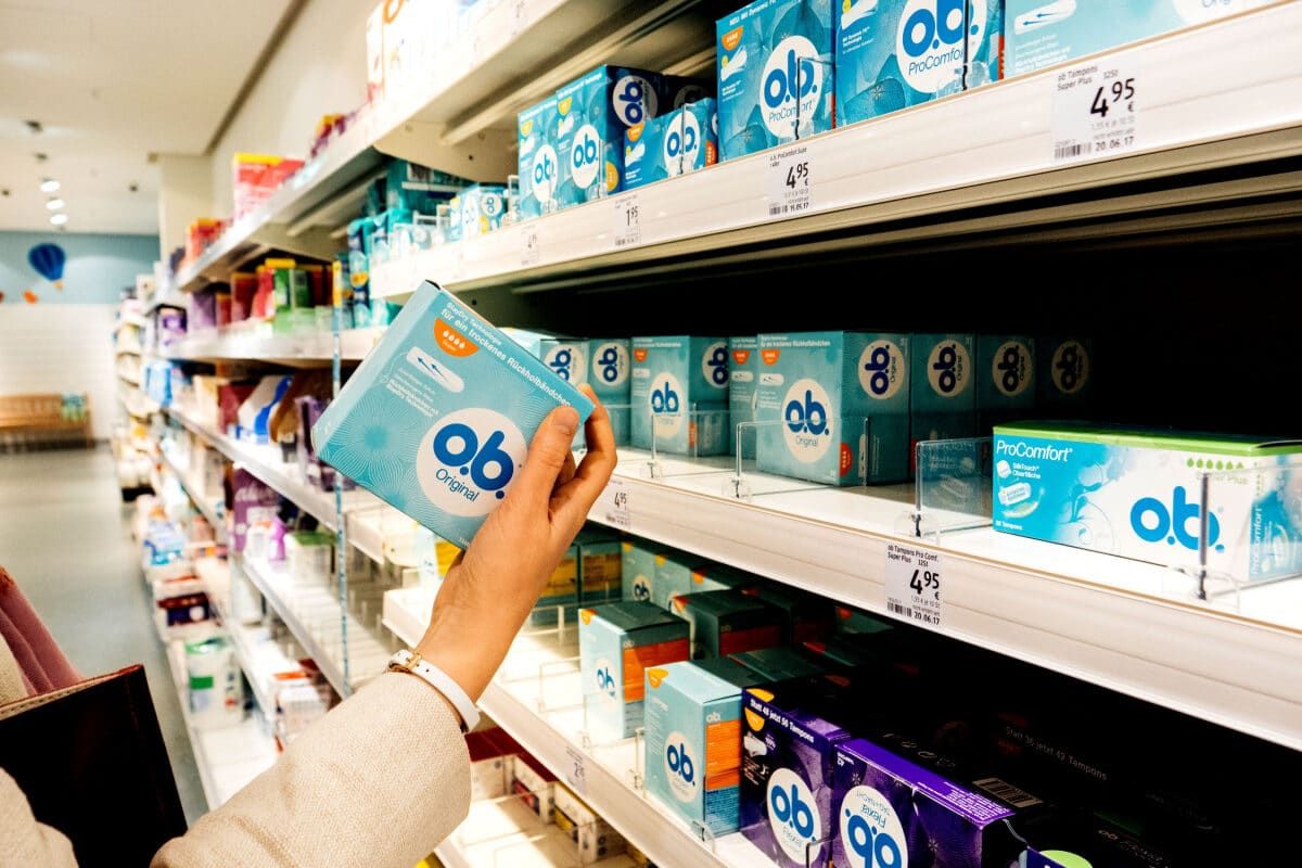 Boxes of OB Tampons on store shelf