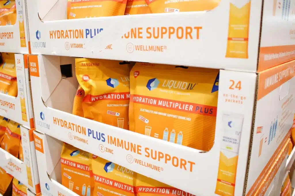 Liquid IV products in a supermarket, representing the Liquid I.V. class action lawsuit.