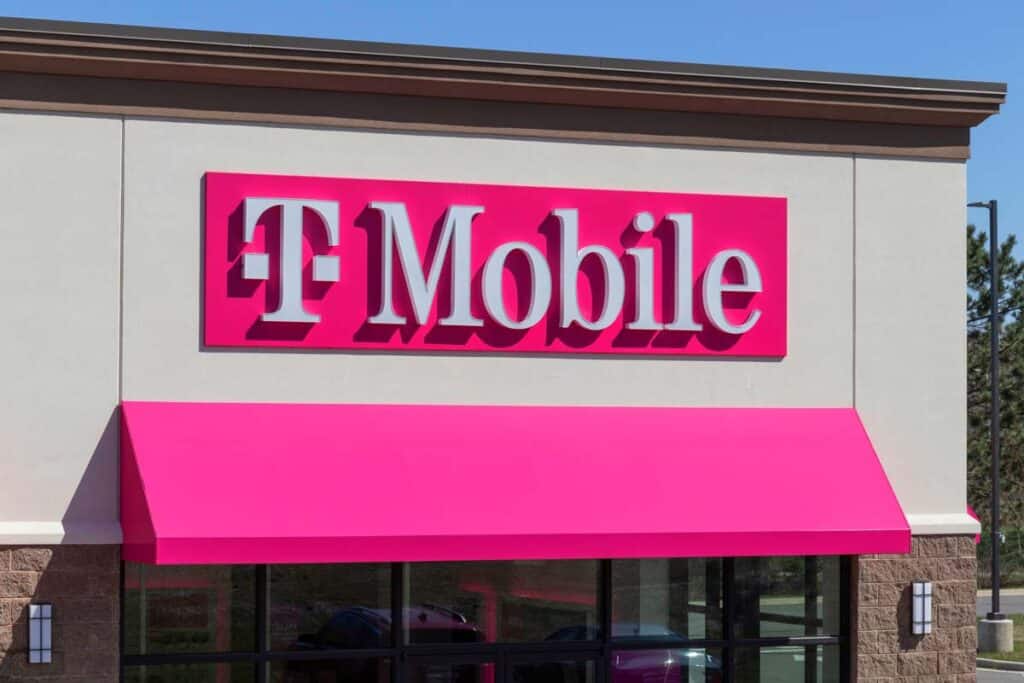 Close up of T-Mobile signage, representing the T-Mobile and Spring class action.