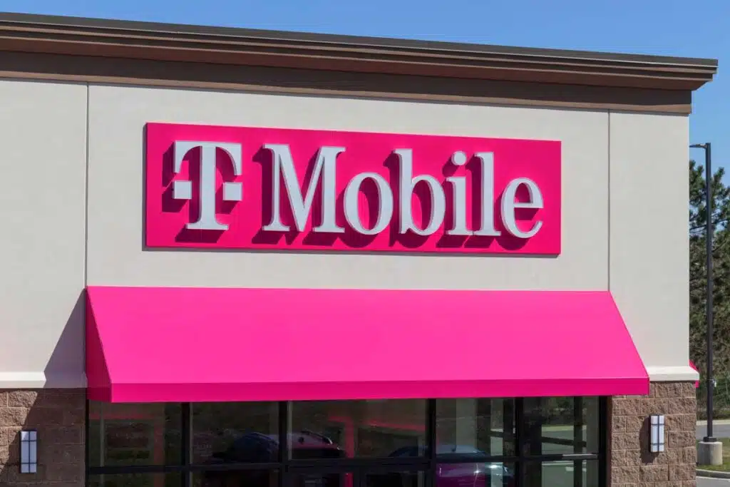 Close up of T-Mobile signage, representing the T-Mobile and Spring class action.