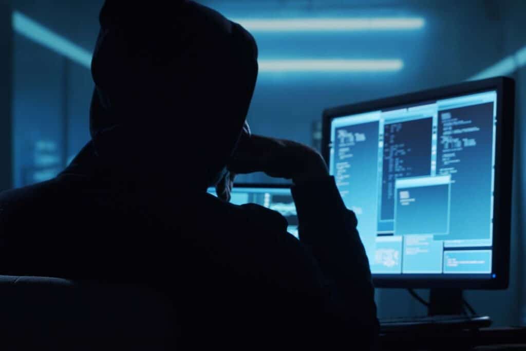 Back view of a hooded hacker using a computer, representing the Southern Orthopedic Associates data breach class action lawsuit settlement.