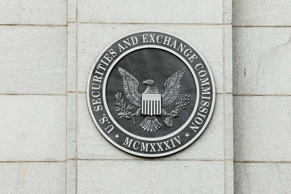 Close up of U.S. Securities and Exchange Commission seal on a building, representing the SEC bitcoin approval.