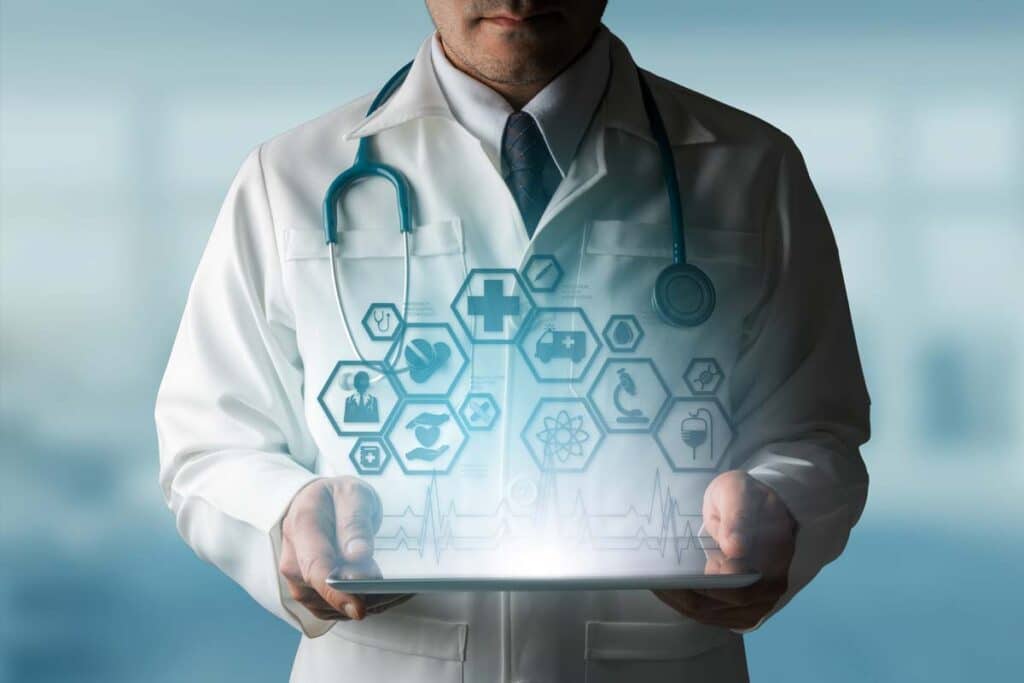 A doctor holding a tablet with a patient data concept overlay, representing the Eye Care Leaders (ECL) class action lawsuit settlement.