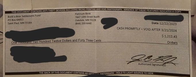 Build-A-BearTCPAcheck12-28-23 settlements paying out