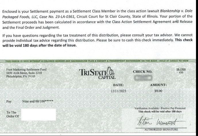 Check image from the Dole fruit bowls settlement.