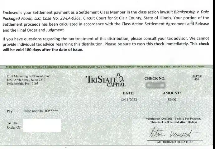 Check image from the Dole fruit bowls settlement.