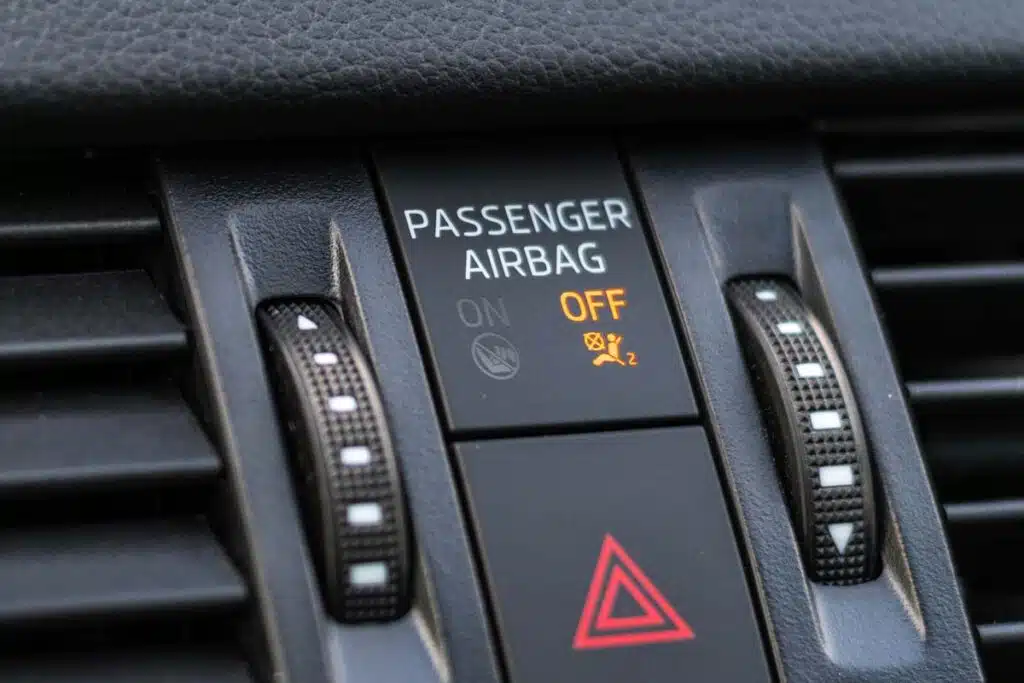 Illuminated airbag off safety symbol, representing the Honda and Acura recall over an air bag defect.