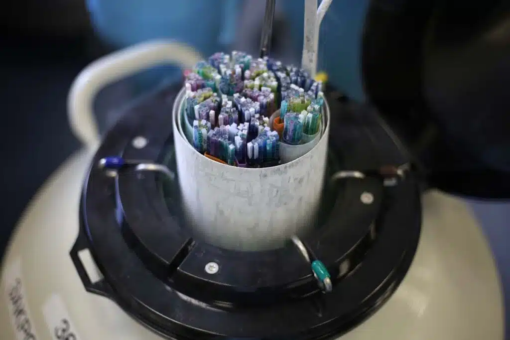 Close up an embryologist pulling out straws with frozen embryos and egg cells out of a dewar, representing the Alabama embryos ruling.