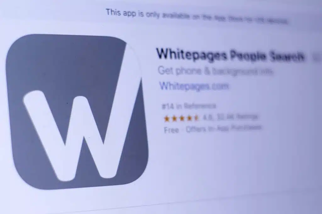 Close up of Whitepages app download page, representing the Whitepages class action.