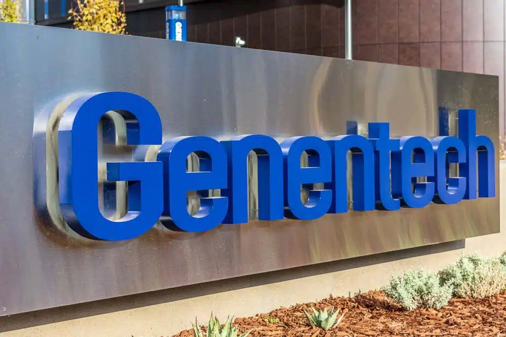 Close up of Genentech signage, representing the Genentech 401(k) class action lawsuit settlement.