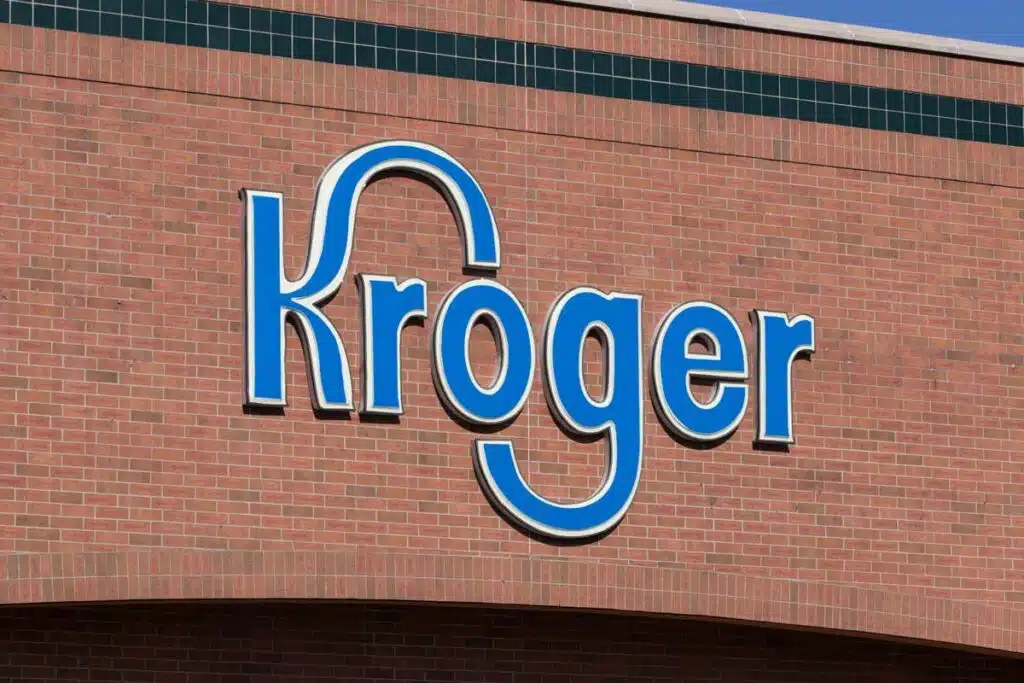 Close up of Kroger signage, representing the Kroger-Albertsons merger.