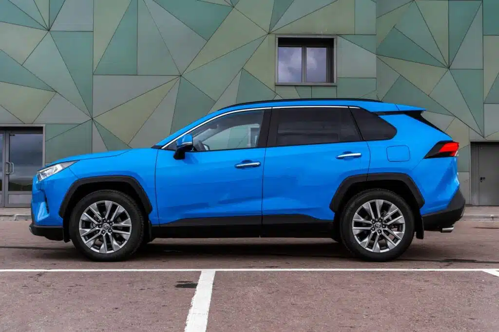 A blue 2021 Toyota RAV4, representing the Toyota RAV4s power liftgate class action.