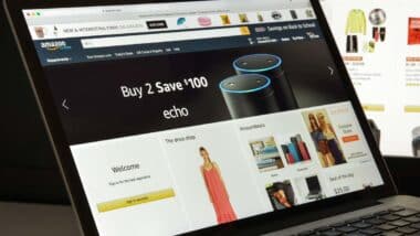 Close up of the Amazon homepage displayed on a laptop screen, representing the Amazon class action.