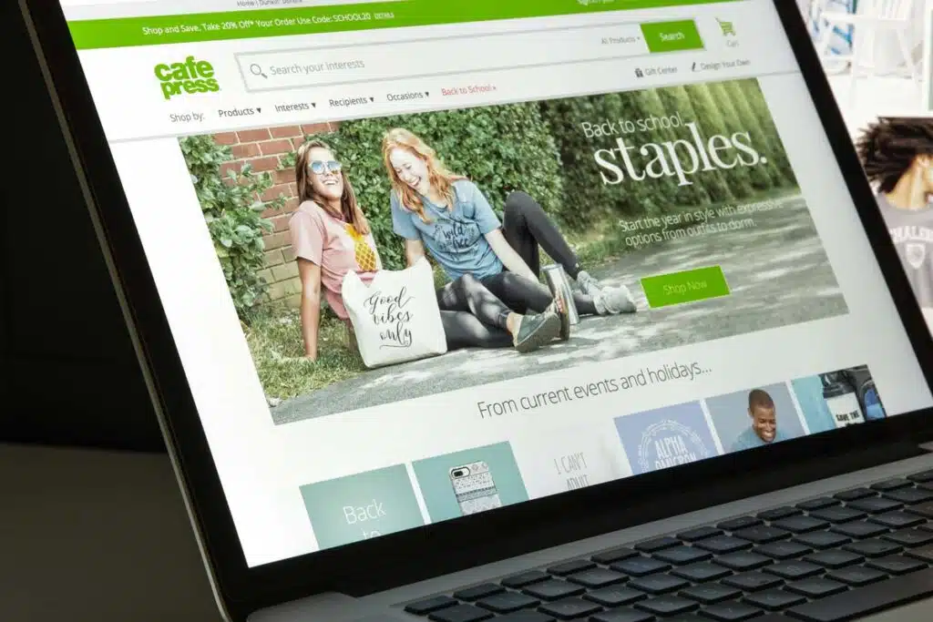 Cafe Press website homepage displayed on a laptop screen, representing the CafePress FTC data breach settlement.