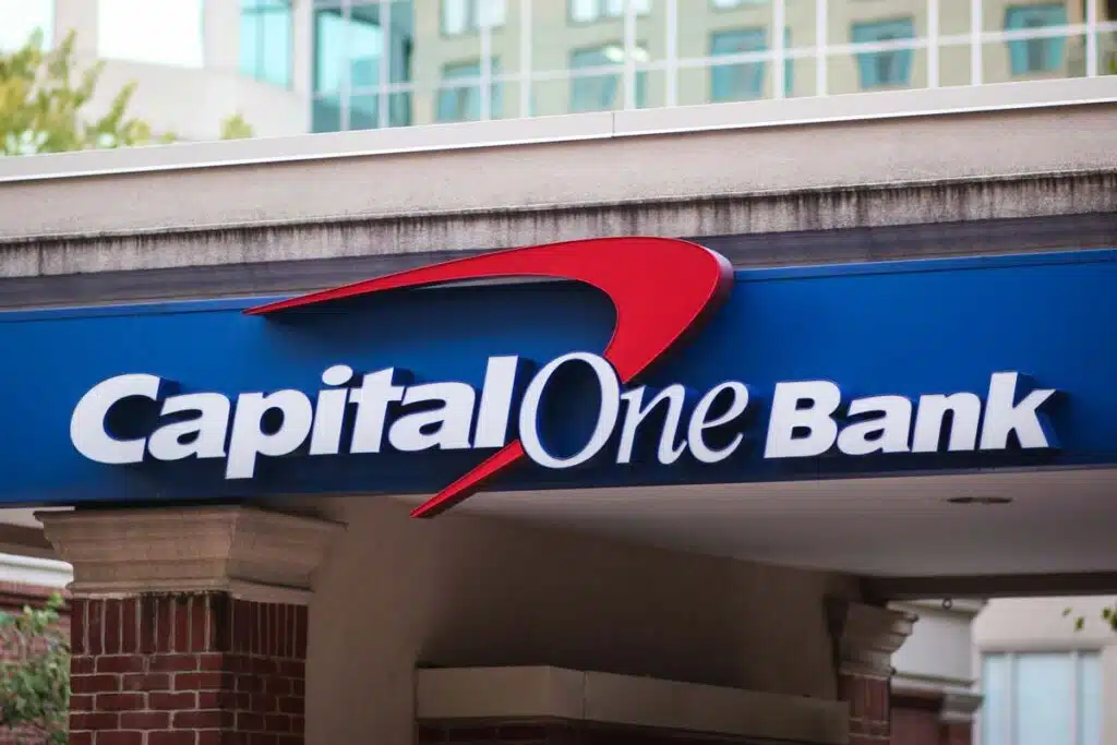 Close up of Capital One Bank signage, representing the Capital One class action.