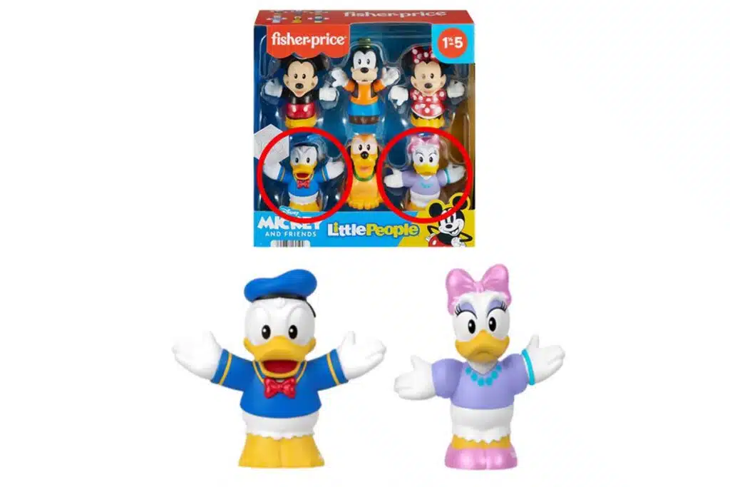 Product photo of recalled Disney figures sold by Fisher-Price, representing the Fisher-Price Donald Duck figure recall.