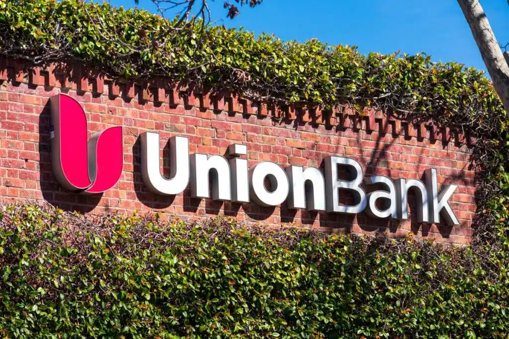 Close up of Union Bank signage, representing the MUFG Union Bank fees settlement.