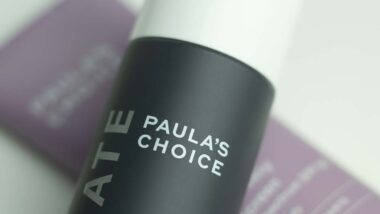 Close up of Paulas Choice logo on a skincare product, representing the Paula's Choice class action.