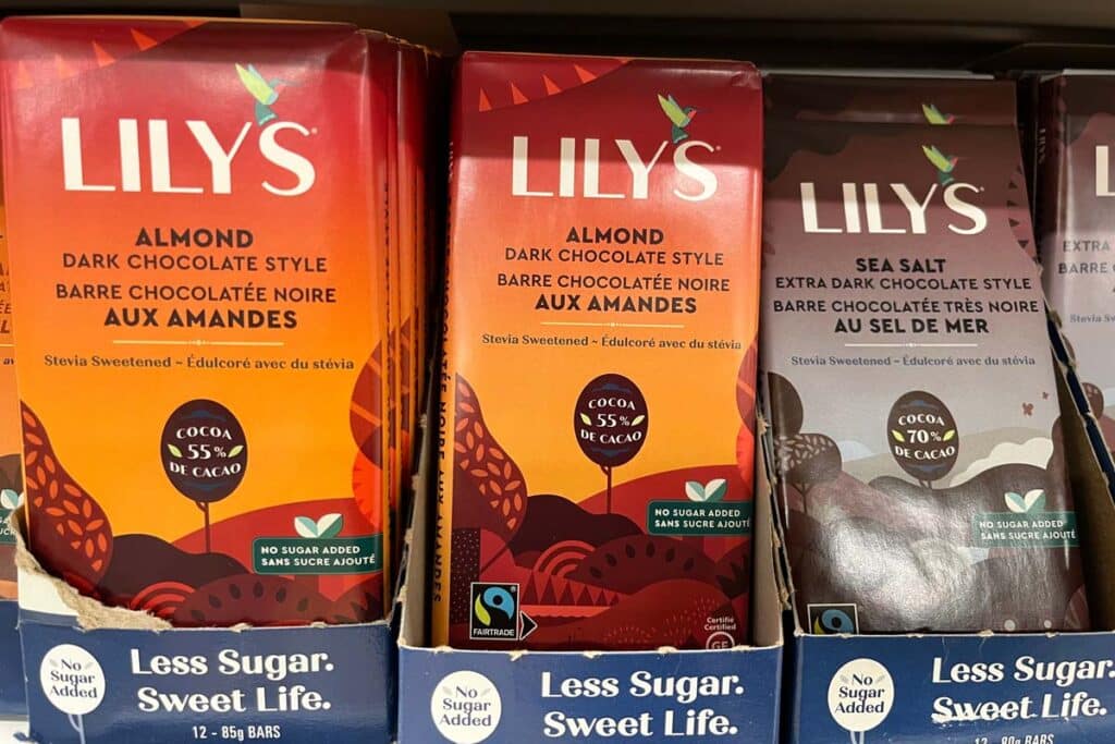 Lily chocolate bars on display in a supermarket, representing the Hershey class action.