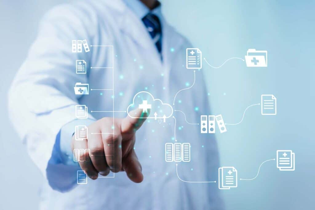 A doctor in a white lab coat with a patient data concept overlay, representing the ReproSource Fertility Diagnostics data breach settlement.